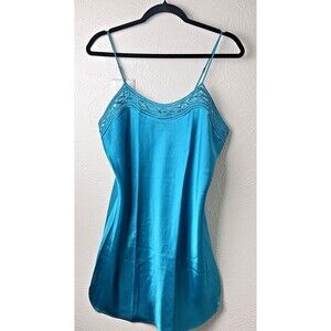 Vintage‎ Erika Taylor Intimates Teal Satin  Nightgown Slip Negligee Lingerie M